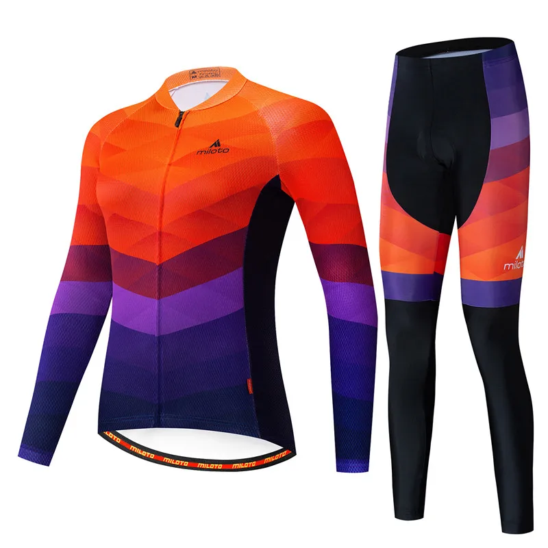 MILOTO, одежда для велоспорта, Женский комплект, осенняя велосипедная одежда, дышащая, анти-УФ, одежда для велоспорта, с длинным рукавом, наборы для велоспорта - Цвет: Orange Purple3