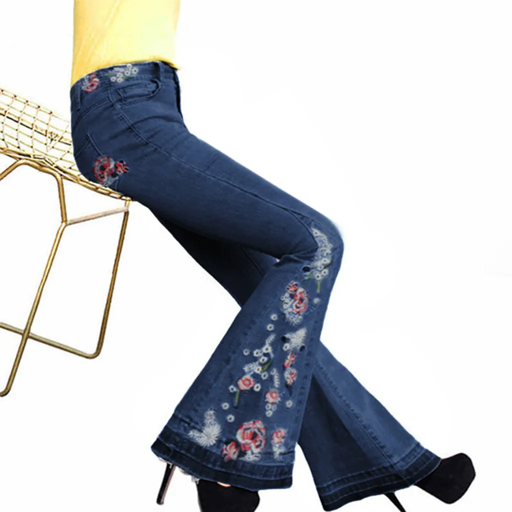 

High Waist Flare Jeans 2019 Women Elastic Plus Loose Denim Embroidery Denim Pants Female Boot Cut Jeans Plus Size XS-4XL L0823