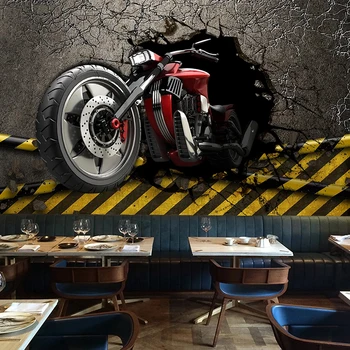 

Custom Photo Wallpaper 3D Broken Wall Motorcycle Murals Restaurant Cafe Retro Background Wall Decor Papel De Parede 3D Wallpaper