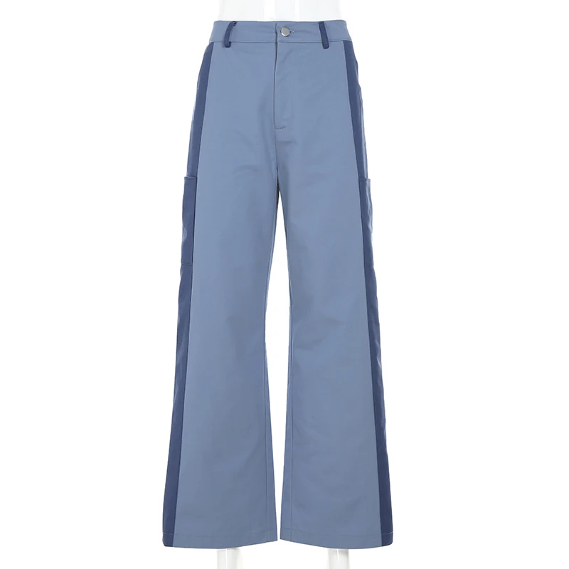 Sweetown синие женские мешковатые штаны с высокой талией Лоскутные контрастные цвета уличные брюки повседневные свободные большие размеры широкие брюки