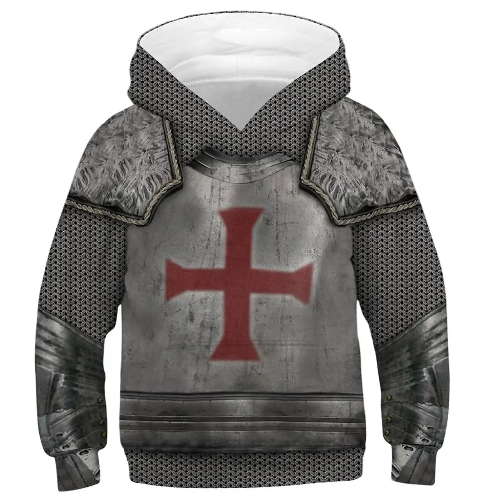 

Children Halloween Hoodie Knights Templar Armor Crusader Cross Print Sweatshirt Hooded Pullover Medieval Costume Kids Fall Coat