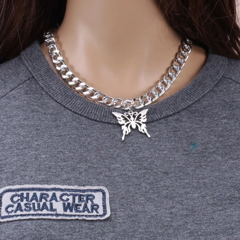 

Fashion Hollow Butterfly Stainless Steel Necklace Silver Color Thick Chain Trendy Pendant For Women Men Cool Punk Party Jewelry