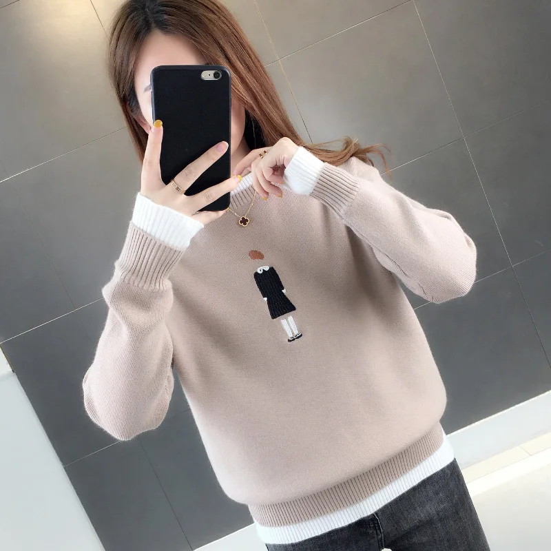 

Autumn and winter new fake two piece embroidered blouse female sweater Korean loose Pullover knitted bottom sweater female stude
