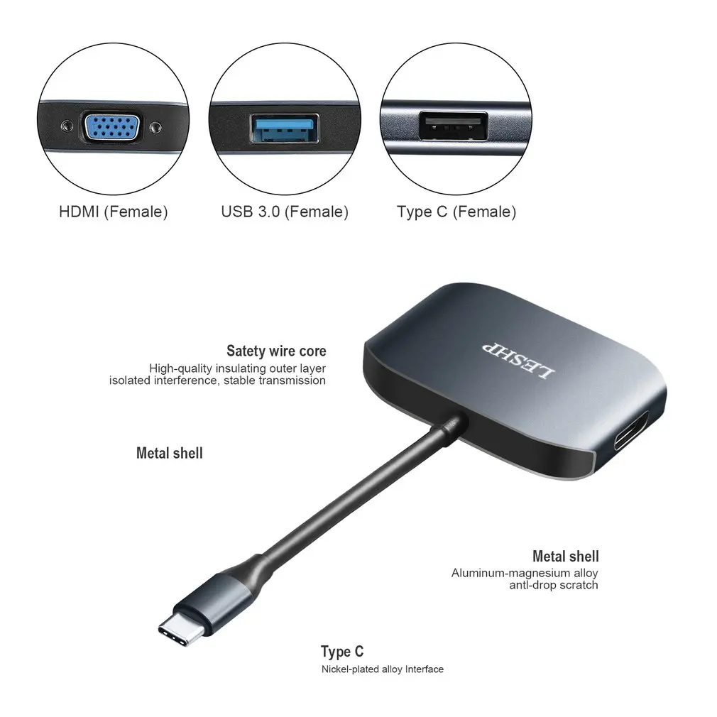 USB-C к USB 3,0 и USB 2,0 и VGA конвертер кабель адаптер алюминиевый сплав type-C концентратор адаптер для устройств type-C UC28