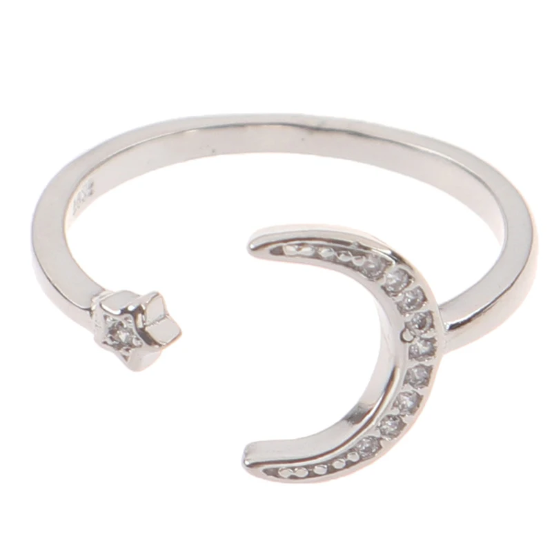1Pcs 925 Sterling Silver Minimalist Zircon Moon Star Opening Ring For Charming Women Party Fine Jewelry Cute Gift