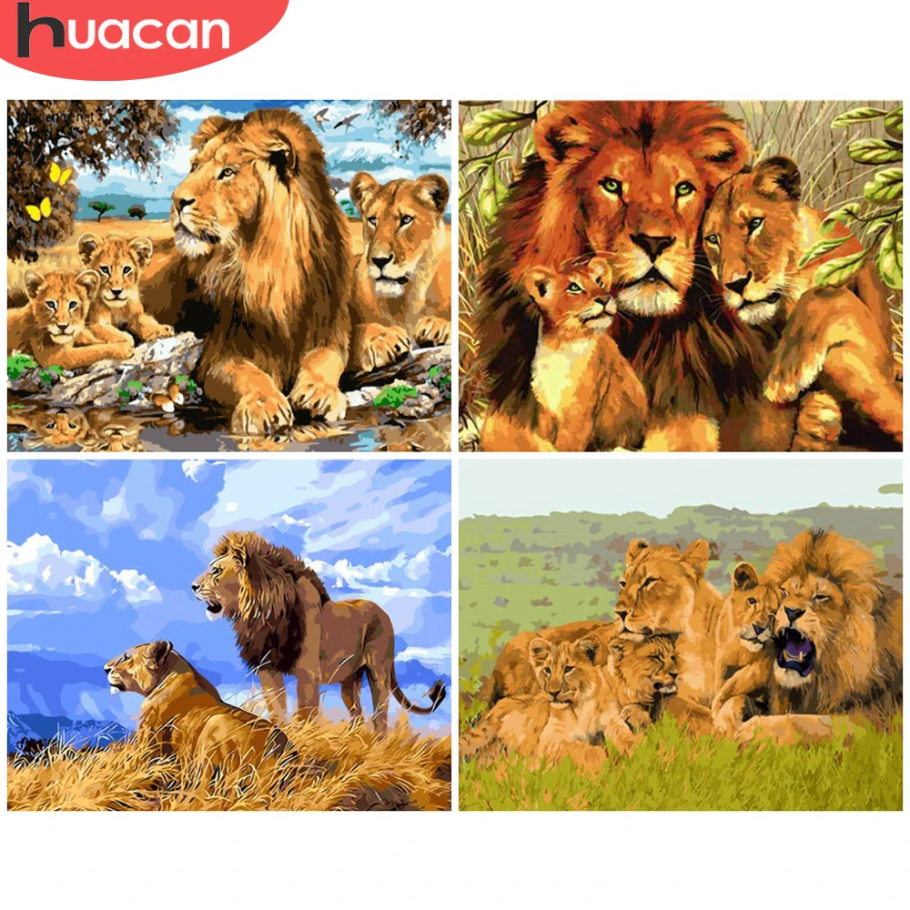 HUACANPaintByNumberLionAnimalDrawingOnCanvasHandPaintedArt