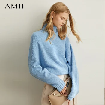 

Amii minimalist lazy western style soft milk blue knit sweater women autumn new loose warm high collar wool pullover 11930292