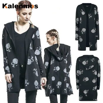 

Plus Size S-5XL Long Coat Women Spring Autumn Ropa Printed Skull Cardigan Coat Gothic Hooded Black Punk Style Women Thin Jacket