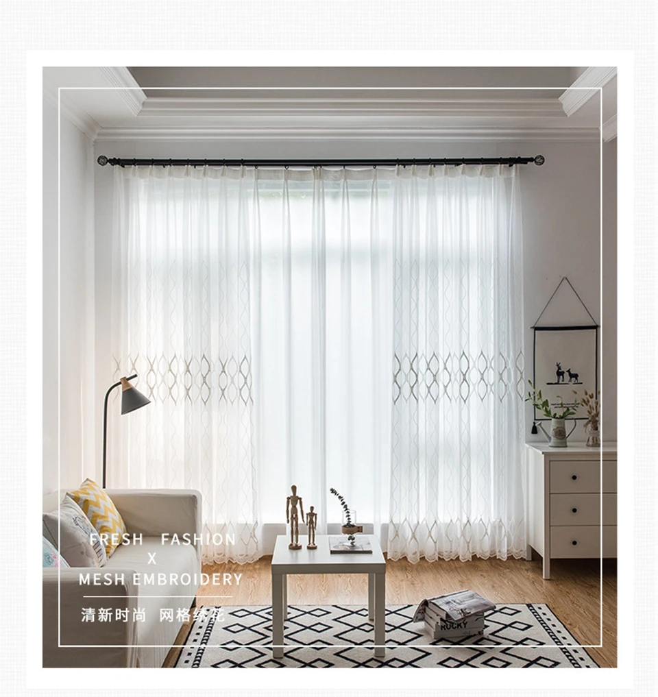 Modern White Embroidery Sheer Curtains European Style Voile Tulle Sheer for The living Room Bedroom Window Curtain Drapes