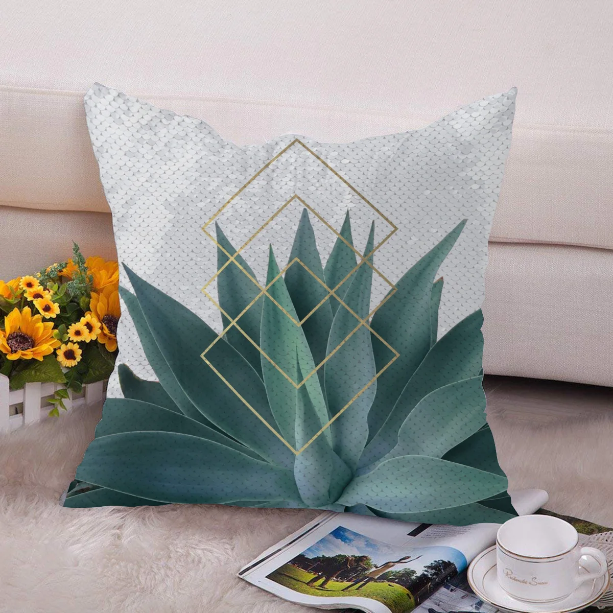 Agave Геометрическая Русалка блестящий чехол для подушки Серебряный двусторонний квадратный чехол для подушки с блестками декоративный чехол для подушки s