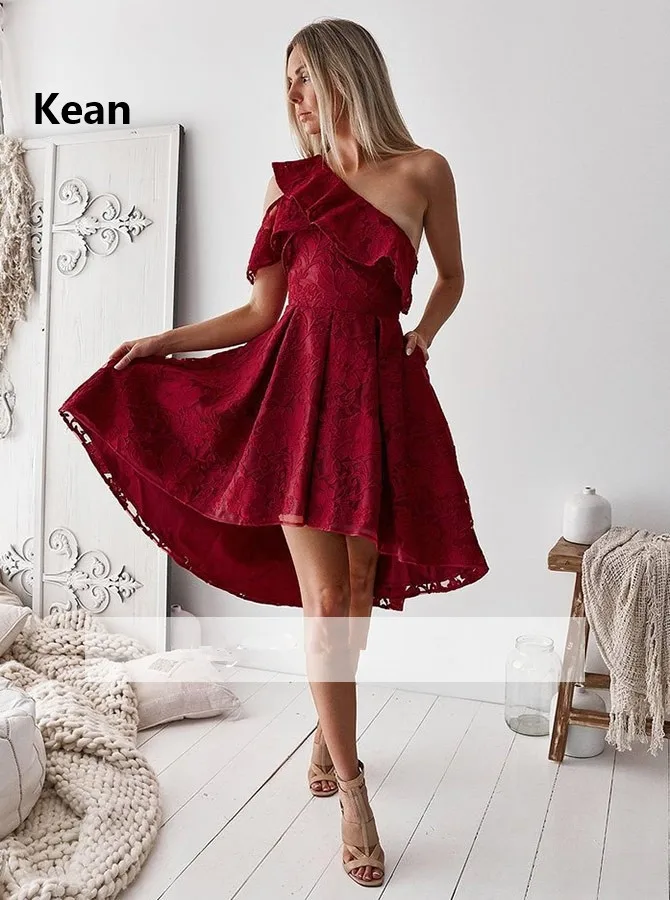 Бургундия платья для выпускного вечера одно плечо A-Line Ruffle Hi Low Короткое мини кружевное Элегантное коктейльное платье