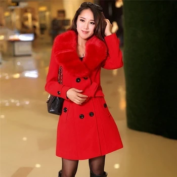 

Women Wool Blends Coat Winter Autumn 2019 Fashion Mother Fox Fur Collar Thicken Woolen Jacket Long Outerwear Tops Female
