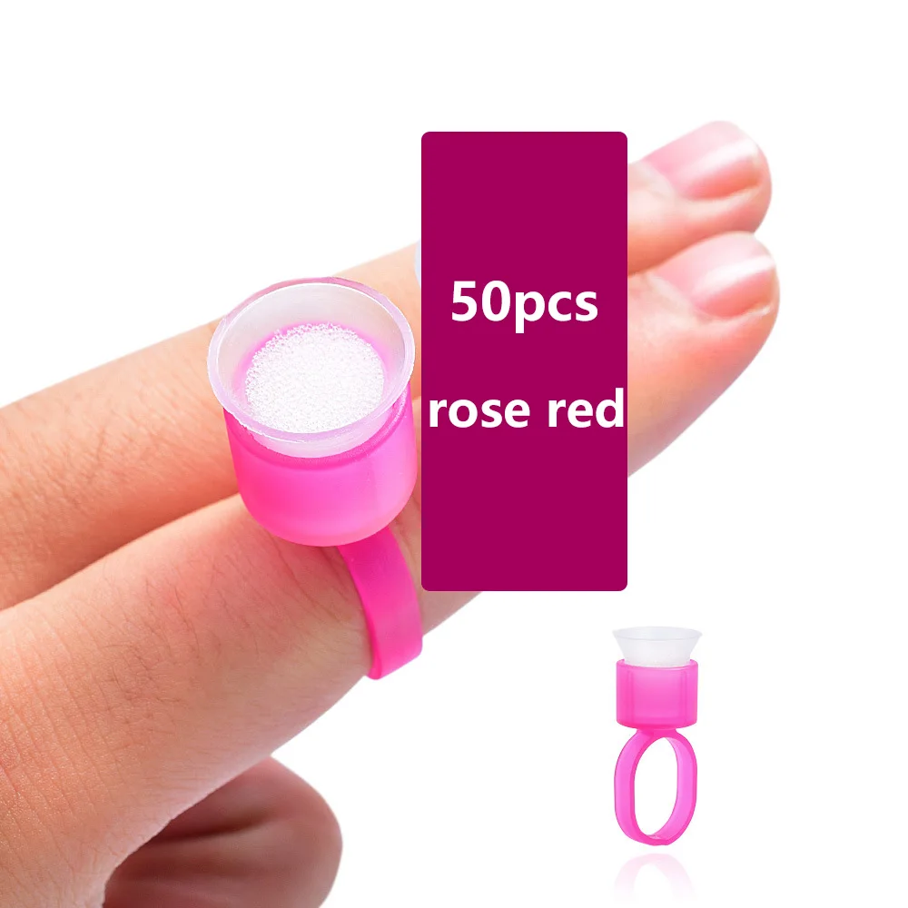 50pcs rose red 100 шт кольцевые чашки чернил для татуажа, клеевой колпачок с губкой, микроблейдинг, Пигментные чашки, держатель для тату, Перманентный макияж, аксессуары, поставка - Цвет: 50pcs rose red