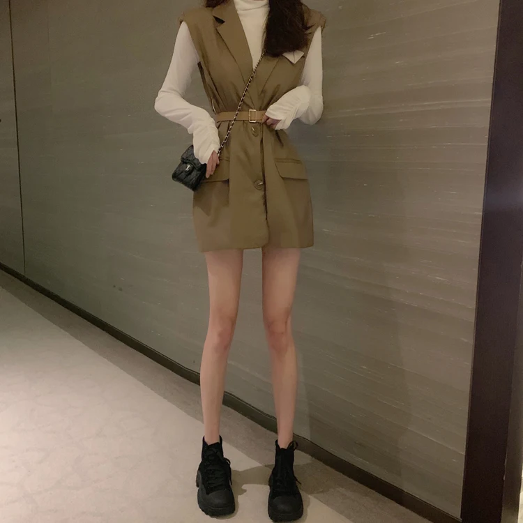 Hong Kong Flavor New Style Loose-Fit Slimming Mid-length Suit Waistcoat Coat+ Versatile Slim Fit Long Sleeve Base Shirt Fashion