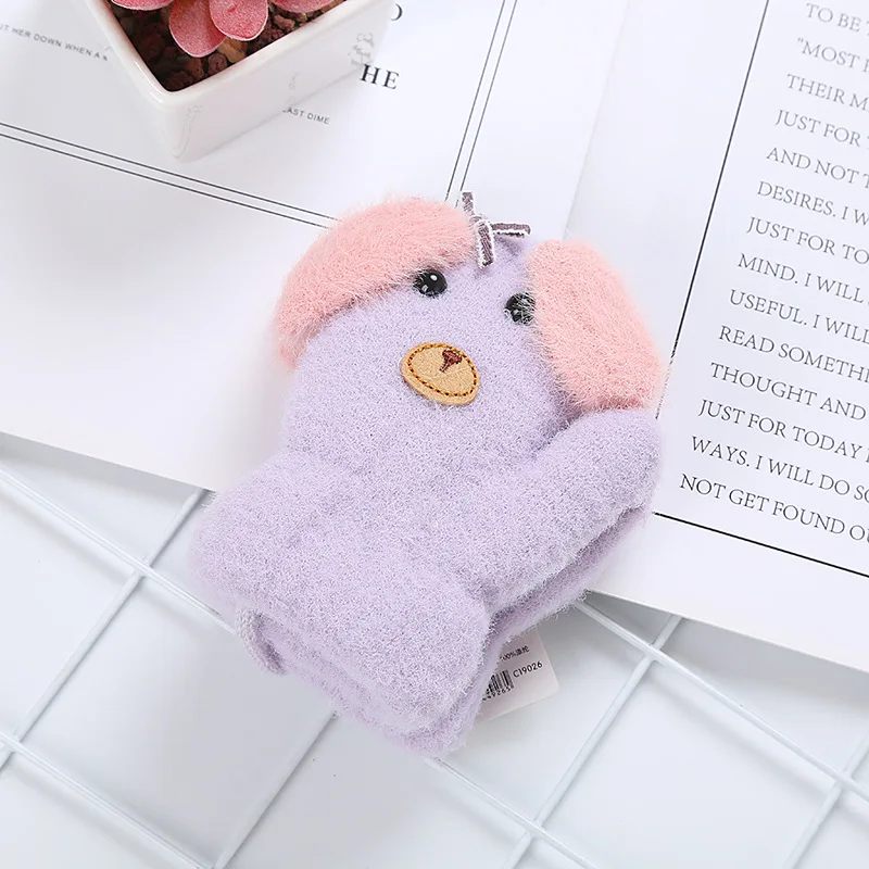 light purple Warmom для маленьких мальчиков и девочек 0-3 лет, плюшевые перчатки с мультипликационным принтом собаки, Детские утепленные двойные бархатные милые вязаные варежки с прорезями для пальцев - Цвет: light purple