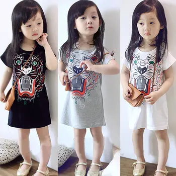 

2020 Summer New Korean Girls Tiger Print Long T-shirt Base Shirt Children Short-Sleeve Dress