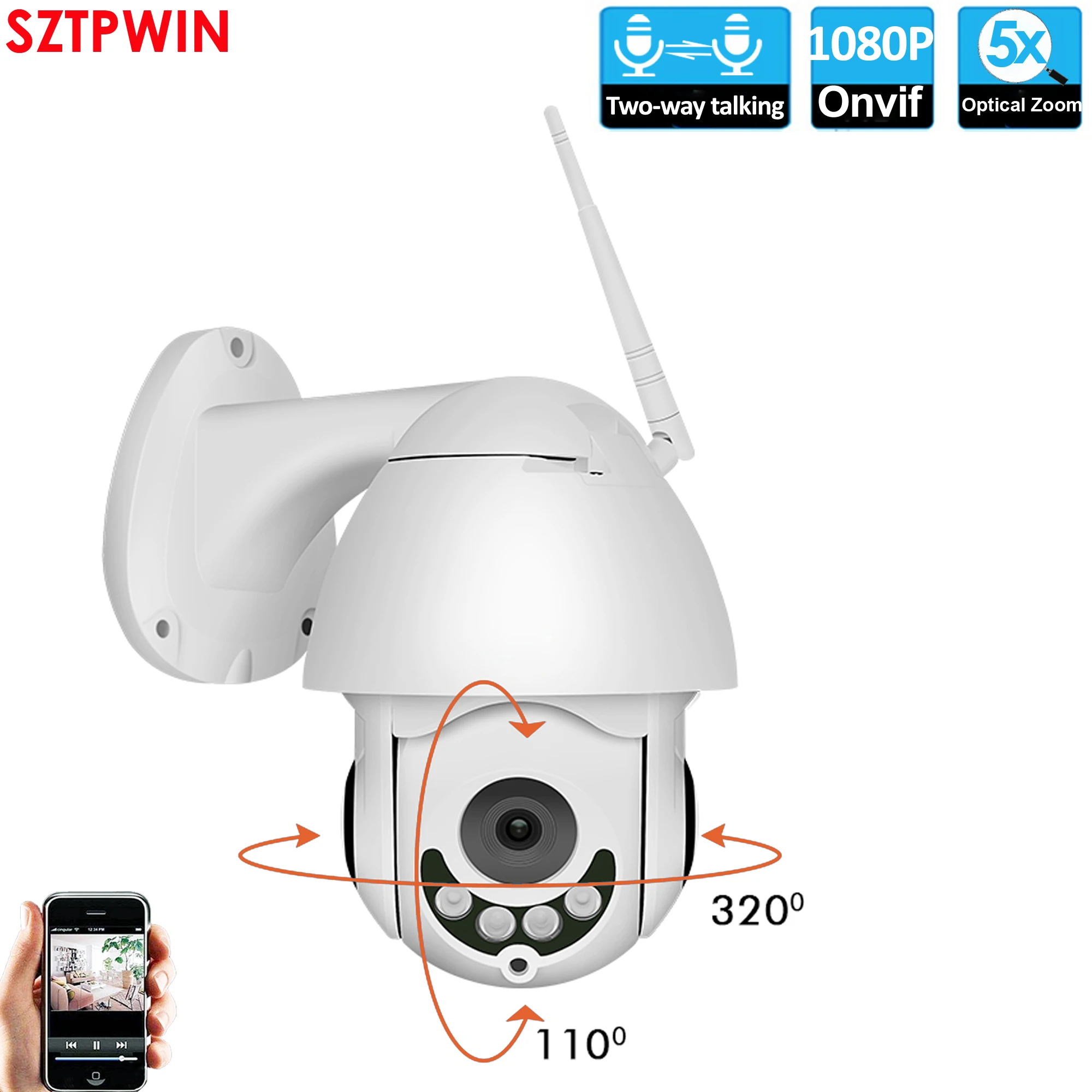 Купольная камера видеонаблюдения 1080P Wi Fi IP PTZ 5x оптический зум скоростная