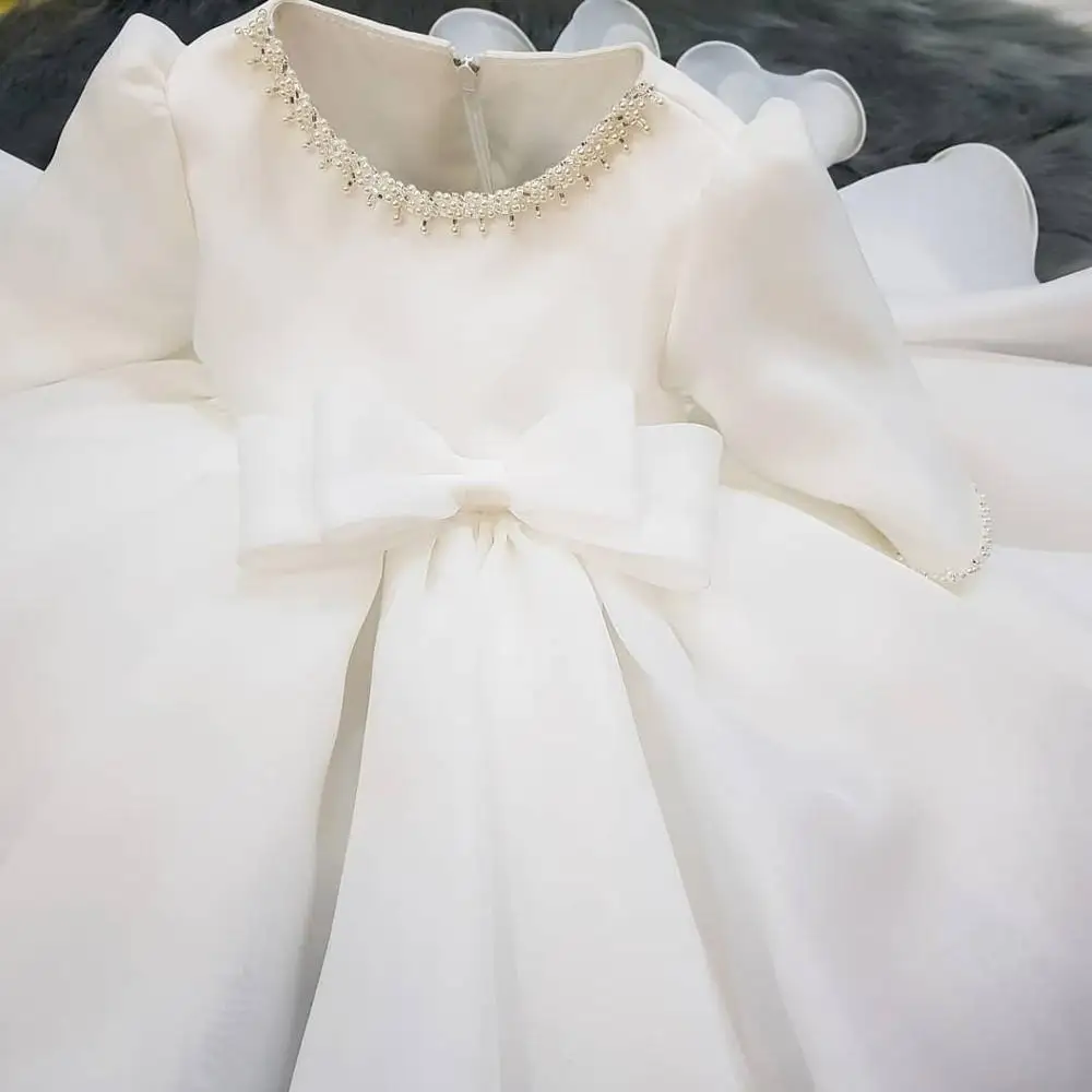 Платья с длинными рукавами для маленьких девочек; одежда для крещения; 1 год; праздничное платье на крестины для маленьких девочек; Пышное Платье для новорожденных