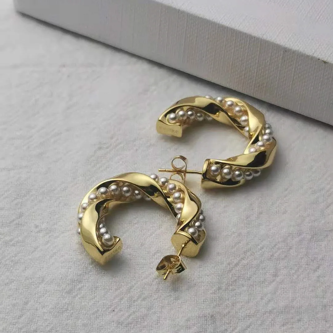Серьги-кольца с жемчугом женские толстые золотистые Роскошные брендовые