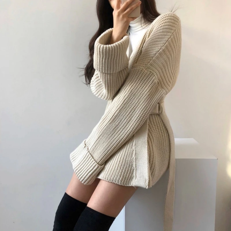 RealShe, длинный кардиган, женский, v-образный вырез, длинный рукав, однотонный, с поясом, кашемировый свитер, женский,, элегантный, весенний, с разрезом, женский свитер