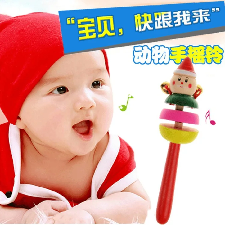 Wooden Cartoon Animal Baby Hand-cranking Bell Children Hand-cranking chuan ling Rattle Orff Beat Musical Instrument Toy