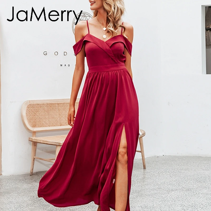 JaMerry, винтажное, сексуальное, с открытыми плечами, длинное, макси платье, элегантное, брекеты, платье для вечеринки, Дамское, с высокой талией, Осеннее, красное, уличный, шикарное платье
