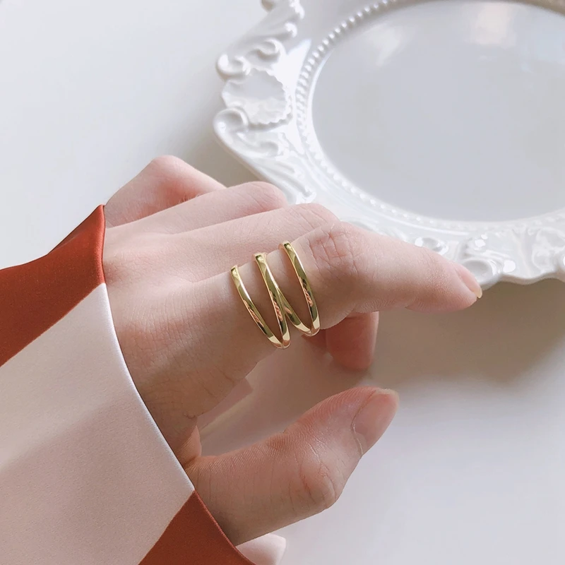 

Silvology 925 Sterling Silver Three Layer Line Rings Gold Glossy Weave Line Circle Korean Rings for Women Festival Jewelry Girls