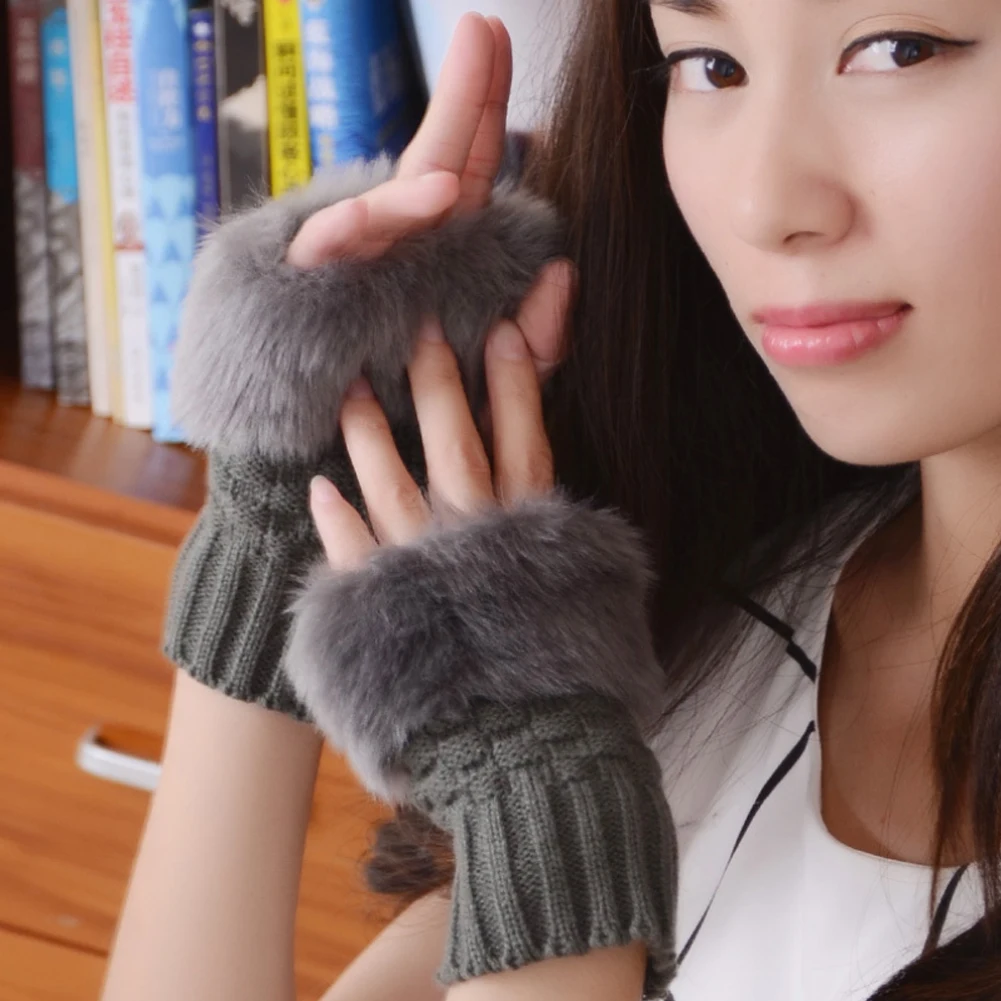 Зимние перчатки детские перчатки с открытыми пальцами без пальцев Pom pom Faux Fur Wrist Mittens Knit Patchwork Guantes Plush Handschoenen