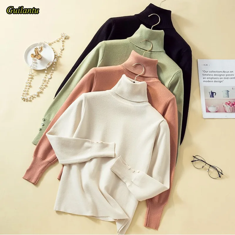 

Guilantu Women's Pink Sweater Causal Solid Basic Turtleneck Sweaters For Women Autumn Spring Computer Knitted Pullover Female