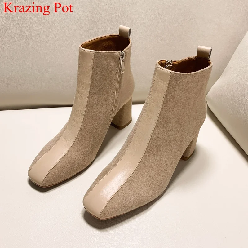 

2020 high quality flock square toe zipper high heels women ankle boots solid runway sweet office lady keep warm winter shoes L11