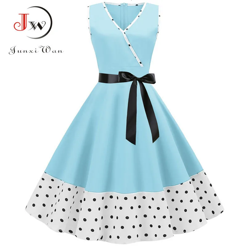 

2019 Women Summer Dress Robe Femme 50s 60s Vintage Dress With Belt Sleeveless Elegant Party Dresses Polka Dot Sun Gown Plus Size