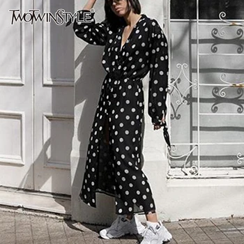 

TWOTWINSTYLE Casual Loose Women Dress V Neck Lantern Long Sleeve Lace Up Bow High Waist Dot Hit Color Dresses For Female Fashion