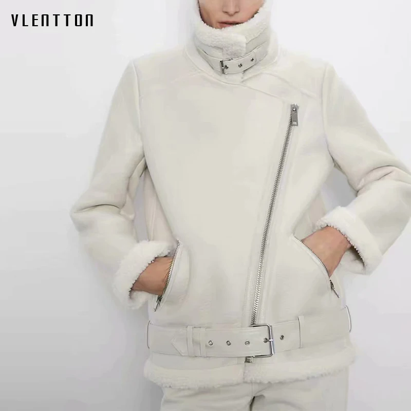 Promo  Autumn Winter Slim Sashes PU Faux Leather Jacket Coat Women Solid Zipper Casual Thick Warm Wool Lam