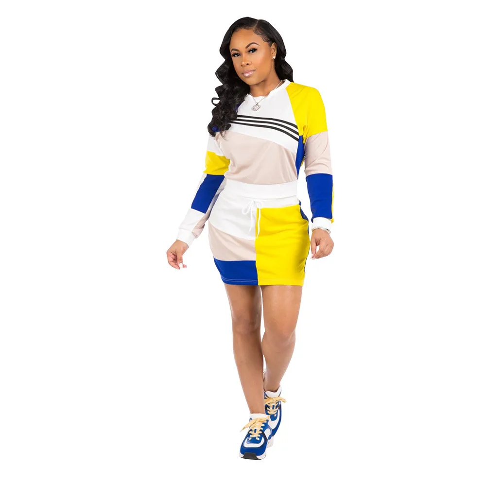 Color Block Causal 2 Piece Skirt Set Women Round Neck Long Sleeve Crop Top and Mini Pencil Skirts Plus Size Fall Winter Outfits
