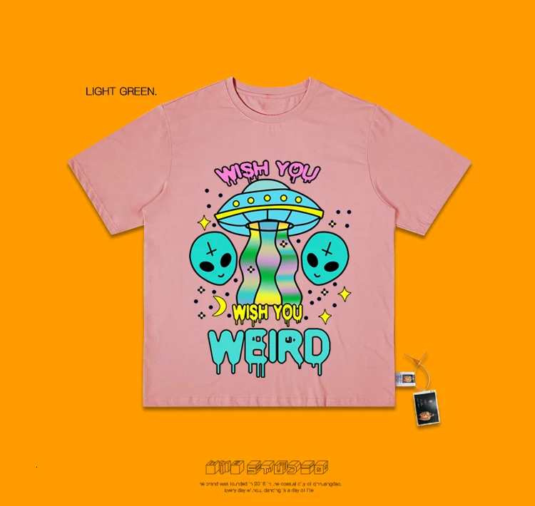 Camiseta, уличная одежда, топ, эстетика, уличная одежда, Harajuku, пара, индивидуальная, Ins, ручная роспись, Паровая волна, инопланетянин, НЛО, круглый вырез