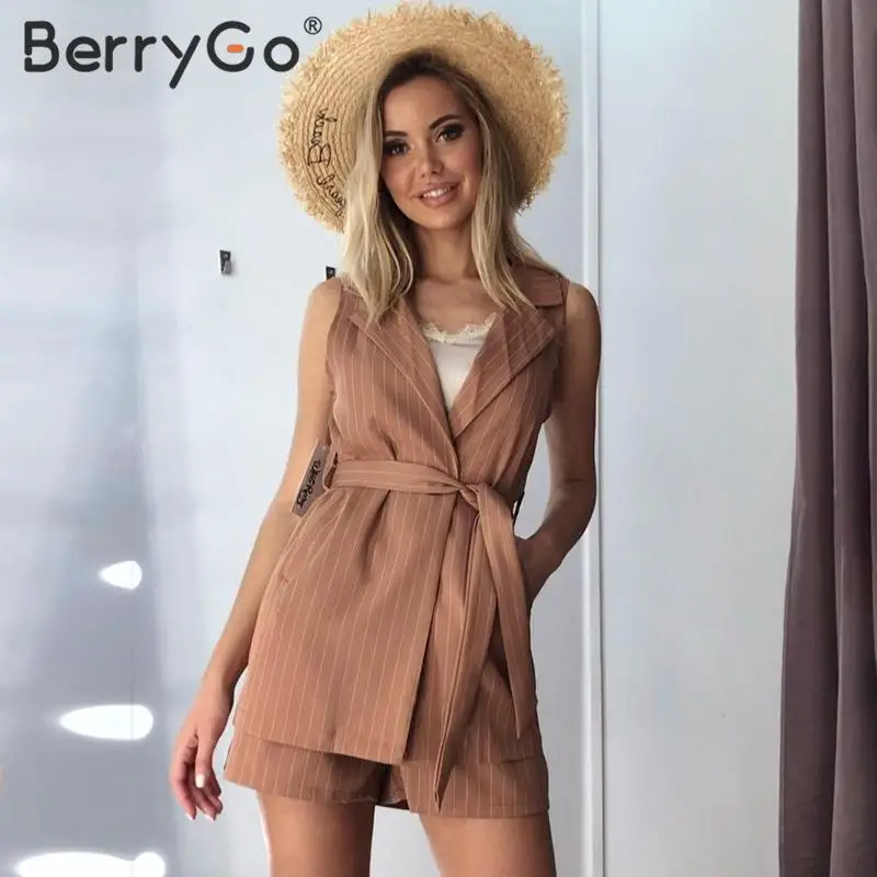 BerryGo, Женский комплект 2 шт. без рукавов, Блейзер, жилет, полосатый пояс, женский костюм, наряды, весенние летние шорты, костюмы из двух предметов