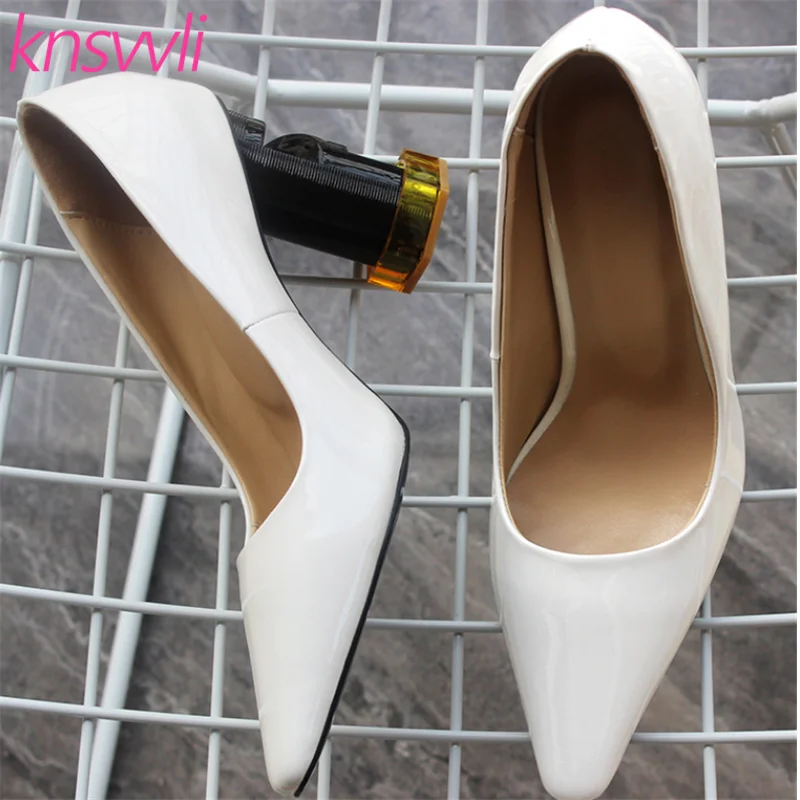 Knsvvli винт с вырезами на не сужающемся книзу массивном женские туфли-лодочки на высоком каблуке Обувь для подиума женские лакированные туфли-лодочки странный стиль каблука; Zapatos De Mujer; большие размеры