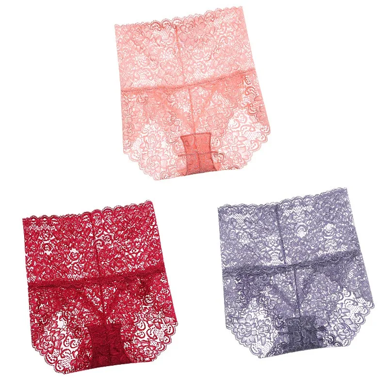 pink wine red gray TEXIWAS 3 шт./партия, кружевные трусики с высокой талией для женщин, прозрачное дышащее пикантное женское нижнее белье, нижнее белье, бесшовные мягкие женские трусы - Цвет: pink wine red gray