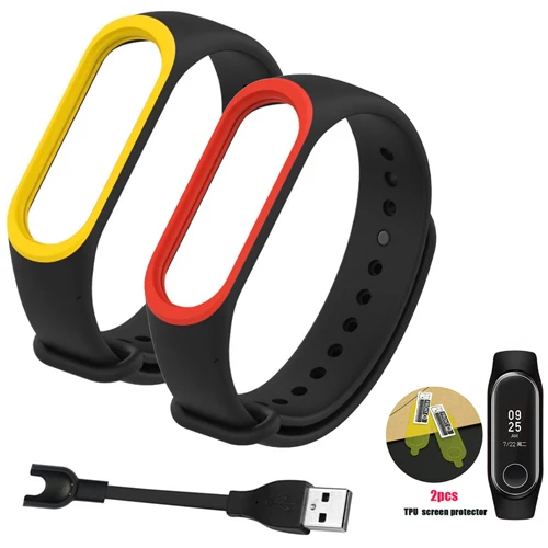 yellow-red-2pcs YHNUJM сменные полосы+ usb-кабель для зарядки+ 2 шт Защитная пленка для экрана для оригинального Xiaomi Mi Band 3 Смарт-часы - Цвет: yellow-red-2pcs