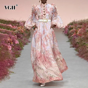 

VGH Vintage Print Women's Dress Stand Collar Patchwork Lantern Long Sleeve High Waist Sashes Hollow Out Dresses Female 2020 Tide