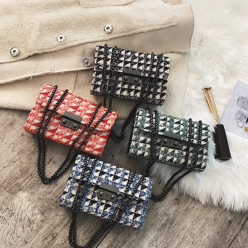 

Bag Women's 2019 Autumn And Winter New Style Korean-style Cotton Linen Plaid Square Sling Bag Mini Chain Shoulder Bag Bags
