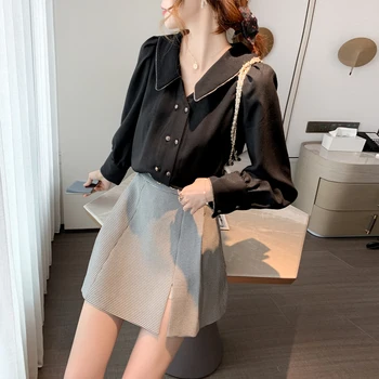 

COIGARSAM French Style blouse women New Spring Vintage Full Sleeve Chiffon blusas womens tops and blouses Black 1253