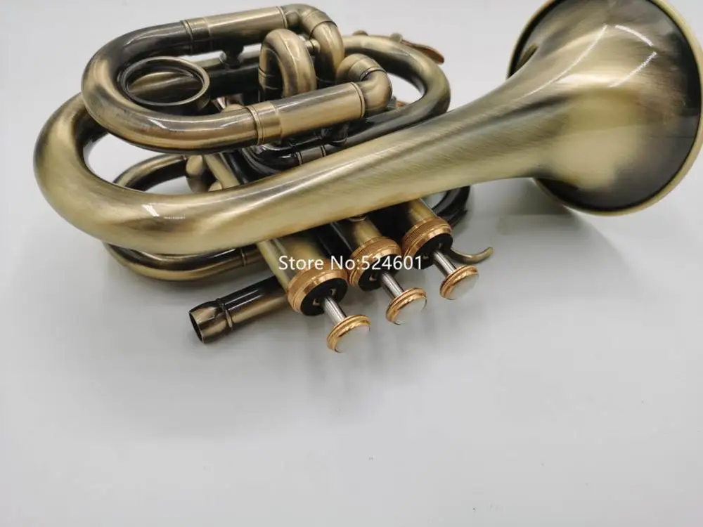 Popular Mini Pocket Trumpet Bb Flat Brass Material Antique copper Wind Instrument With Mouthpiece Gloves Carrying Case