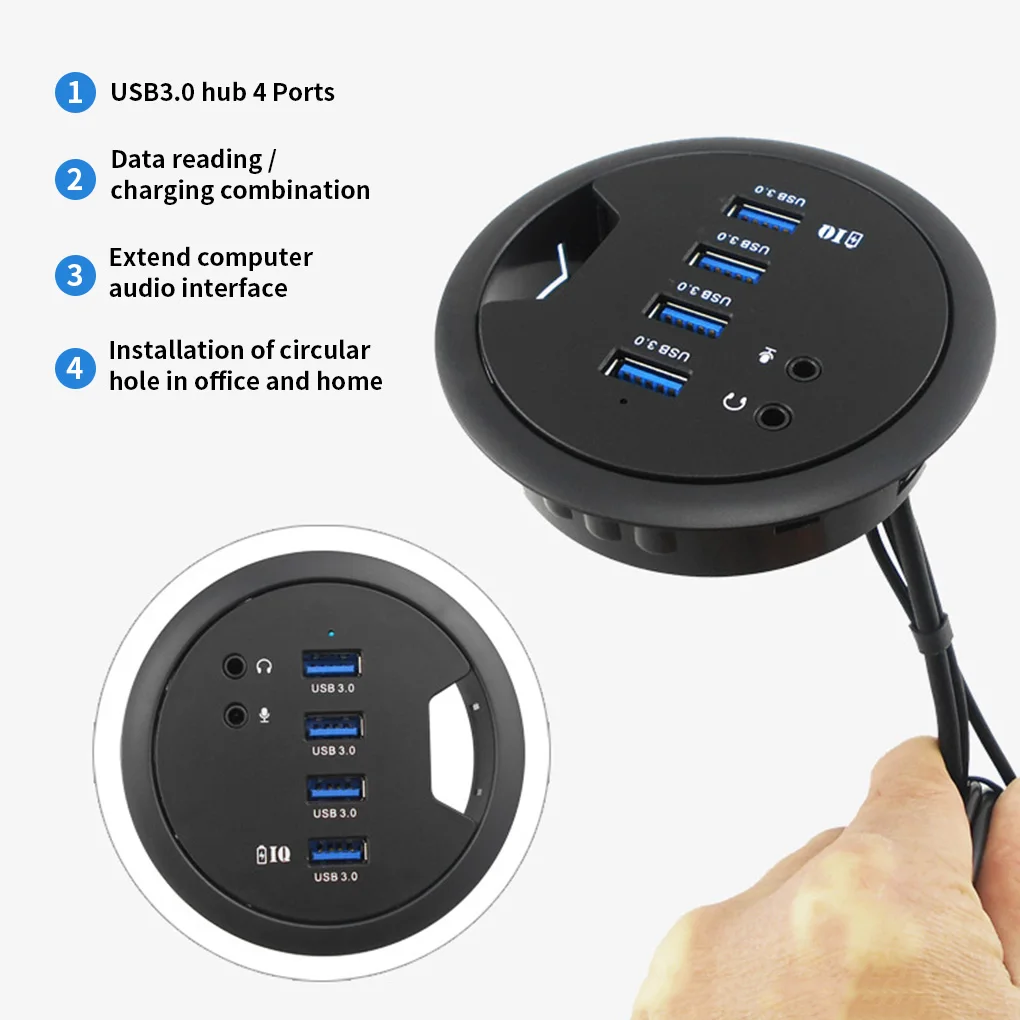 Table Grommet USB Hub Office Desktop Cable Hole Mounted USB Extender Adapter with Headphone Microphone Port EU Plug