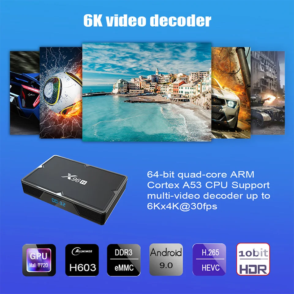 X96H Smart Android 9.0 TV Box 6k Android TV Box DDR3 4G Support BT 4.1 2.4G/5G Wireless Streaming Media Player Set Top Box
