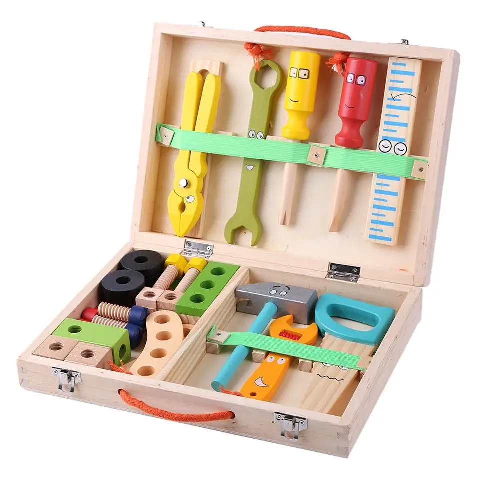 Caja de reparación de madera multifuncional para niños, juguete de reparación multifuncional de madera con dibujos animados