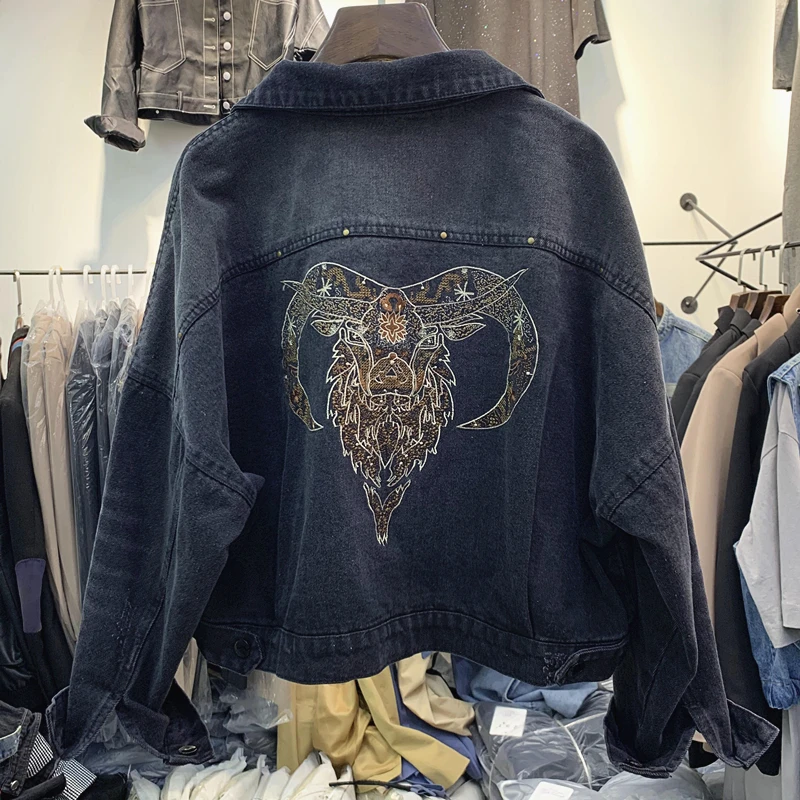 

2019 Autumn New Korean Lapel Long Sleeve Embroidery Short Denim Jacket Women's Loose Bat Coat Chaqueta Mujer Jacket Women