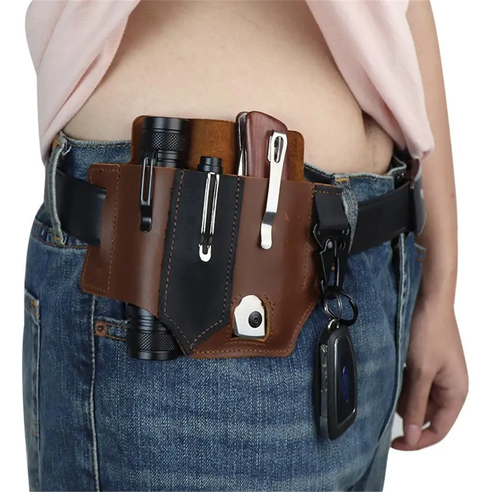 

Multitool Leather Sheath For Man Retro Leather Quick Button Case Sheath Flashlight Holder Pen Organizer Waistband Belt Buckle