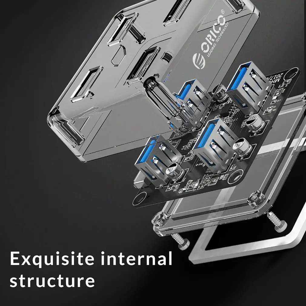 ORICO Transparent 4 Ports USB 3.0 HUB for Desktop / Laptop with 30 / 100 CM Data Cable Support External Micro USB Power Supply