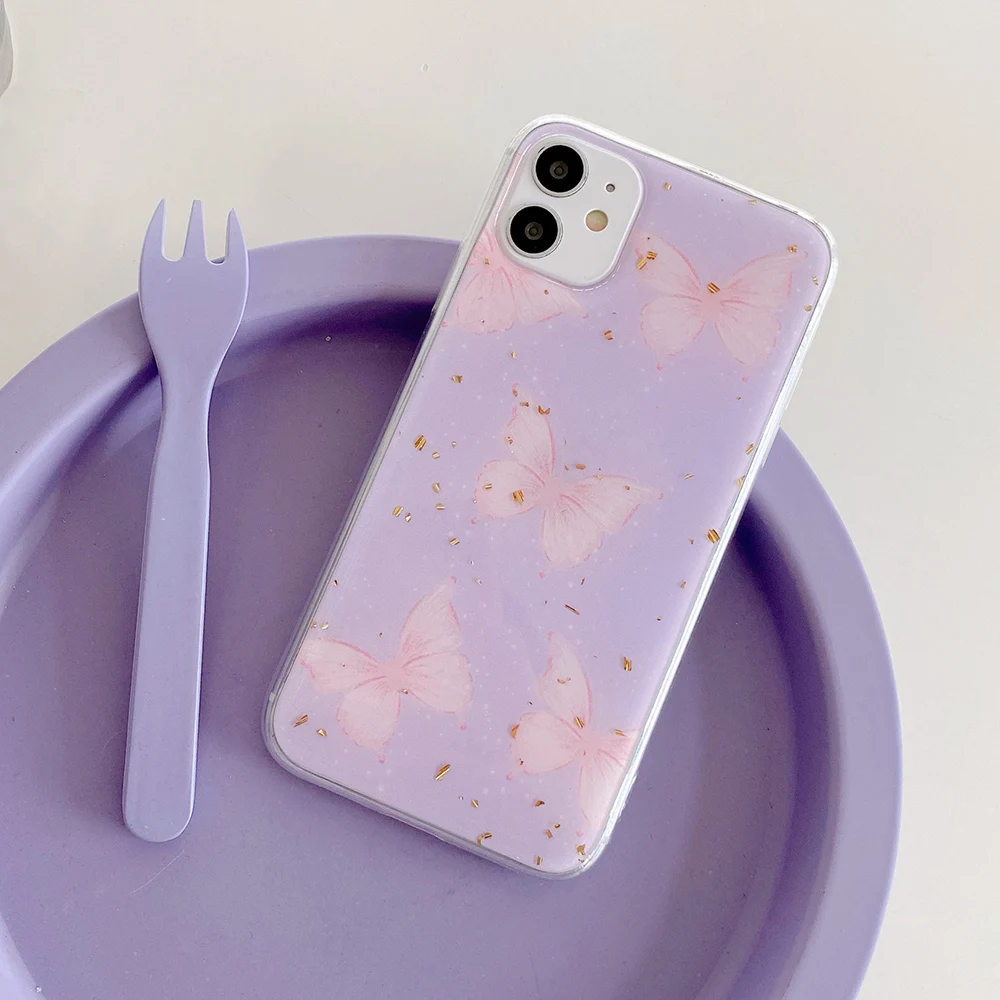 Cute Purple Butterfly Phone Case For Iphone 11 Pro Max Xr Xs Max 6 7 8 Plus X Soft Epoxy Gold Foil Back Cover Coque Gift Fitted Cases Cute Purple Butterfly Phone Case For Iphone 11 Pro Max Xr Xs Max 6 7 8 Plus X Soft Epoxy Gold Foil Back Cover Coque Gift Fitted Cases